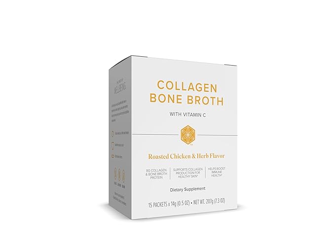 Collagen Bone Broth - Infused with Collagen Peptides and Vitamin C for Immune Health - Roasted Chicken and Herb Flavor - 0.5 Oz Packets - 15 Servings