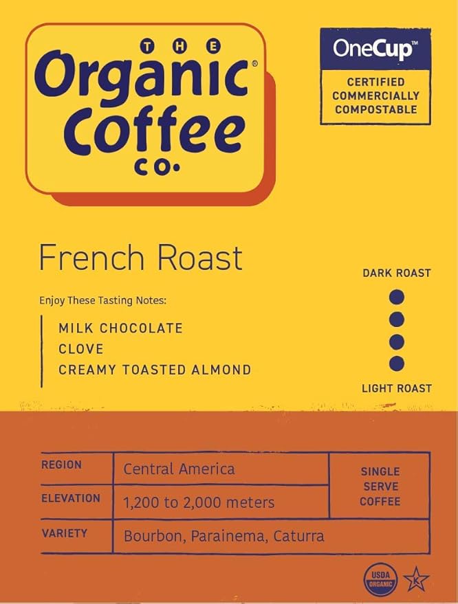 The Organic Coffee Co. Compostable Coffee Pods - French Roast (36 Ct) K Cup Compatible including Keurig 2.0 Dark Roast USDA Organic