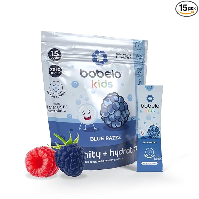 Bobelo Self Carbonating Hydration Packets | Low Calorie Drink Mix Electrolytes Powder Packets | Keto Friendly Sugar Free Water Enhancer | Soda &amp Sparkling Water Alternative | Blue Razz(15ct)