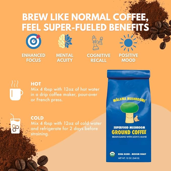 Malama Organic Mushroom Coffee Adaptogenic Mushroom Coffee with Lion's Mane for Focus Memory &amp Inmune Support – Blended with Organic Kona Roast | 12oz Bag