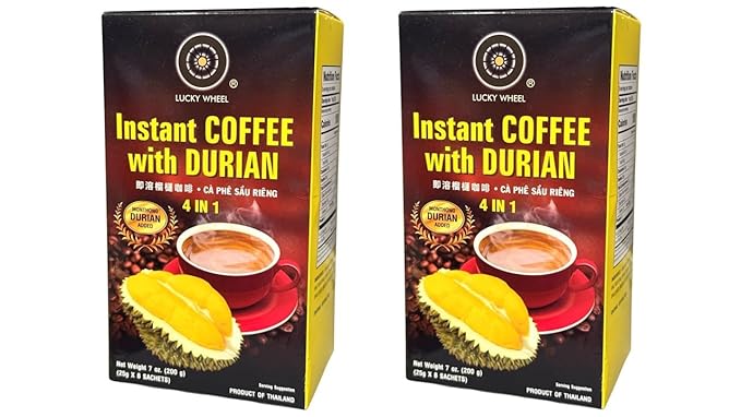 2 Packs - Instant Coffee with Durian 4 In 1 - Ca Phe Hoa Tan Vi Sau Rieng 4 IN 1-8 Sachets per Box with 2 Boxes per Order - Product of Thailand