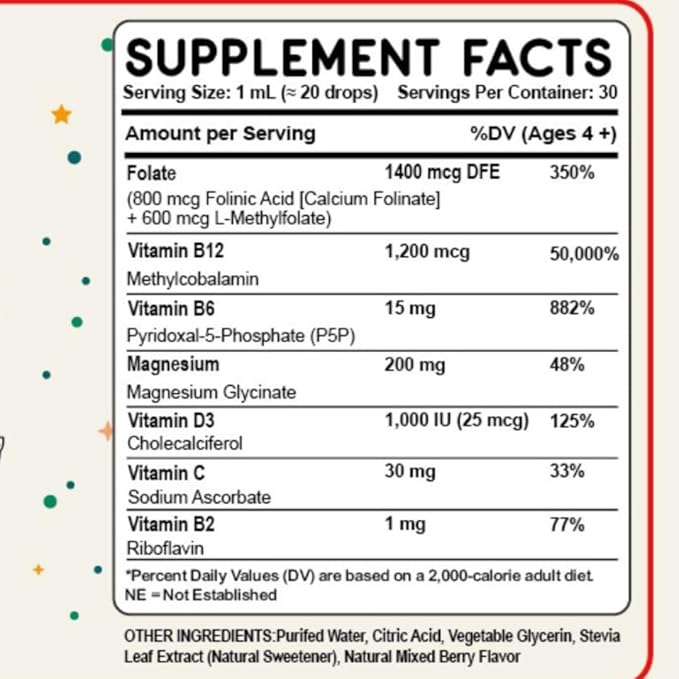 Folinic Acid Drops Kids &amp Adults – 800 mcg + L-Methylfolate + B12 +P5P B6 Gentle Methylation Magnesium Glycinate Vitamin D3 &amp C Folate Support for BrainFocus Mood &amp Cellular Health 5-M
