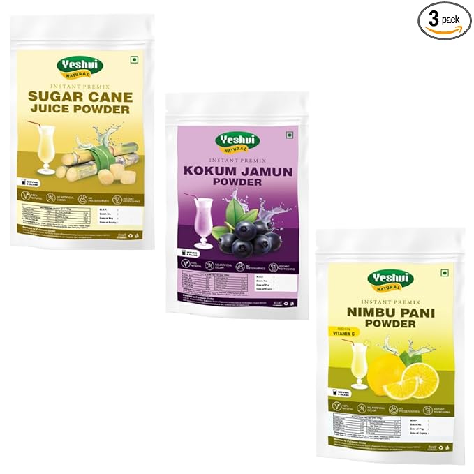 Yeshvi NATURAL Sugarcane Juice Powder &amp Kokum Jamun Fruit Juice Powder With Nimbu Pani Powder Combo Pack Instant Drink Powder Summer Drink Ready to Serve 300gm