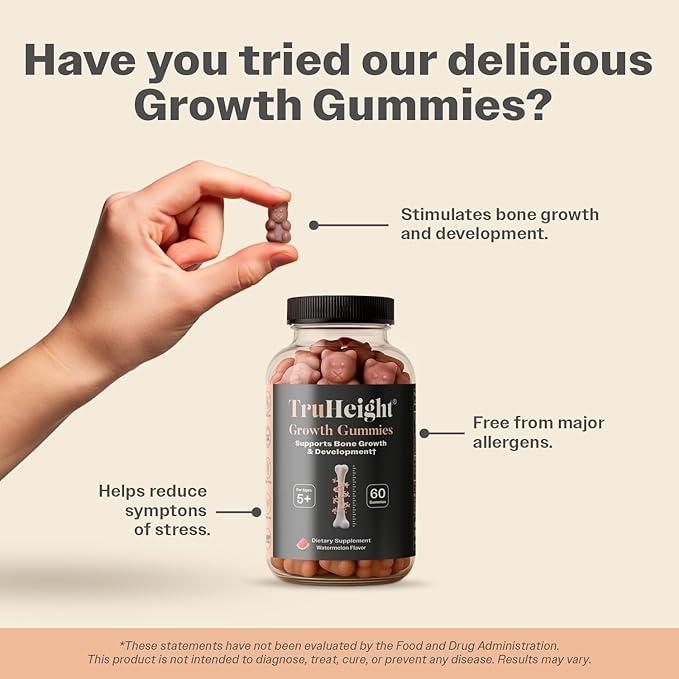 TruHeight Growth Gummies (Watermelon) Tall Nutrition for Natural Growth Supplement for Kids &amp Teens - Vitamin D K Calcium &amp Ashwagandha Bone Strength Vitamins D3 K2 Picky Eater Taller Age