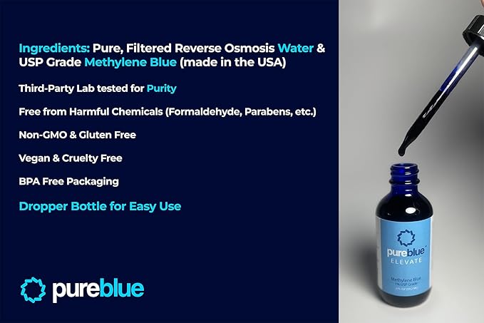 PureBlue Methylene Blue 1% USP Drops | Formaldehyde-Free Alcohol-Free Solution for Cognitive &amp Mitochondrial Support | Third-Party Tested Made in USA | 2 fl oz