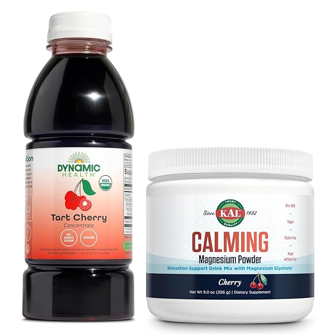Dynamic Health Organic Tart Cherry and KAL Calming Magnesium Powder - Unsweetened 100% Juice Concentrate and Cherry Flavor Magnesium Supplement - 16 Servings 16oz and 40 Servings 9.5 OZ