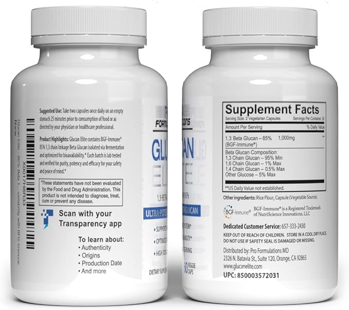 Pro Formulations MD Glucan Elite – 85 Beta 13D Glucan 500mg – 60 vcaps – 85 Minimum Active 13 Linkage Ultra-Potency – Highest Bioavailability with BGF-Immune - 2 Pack