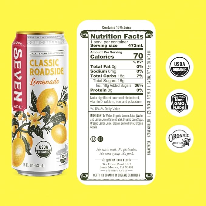 SevenTeas Classic Lemonade 16 OZ (Pack of 12 Cans) Organic