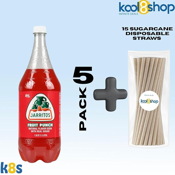 Jarritos Fruit Punch Mexican Soft Soda Drink 1.5 Lt Plastic Bottles 5 Pack + 15 Sugarcane Disposable Straws by KOOL8SHOP Infinite Deals