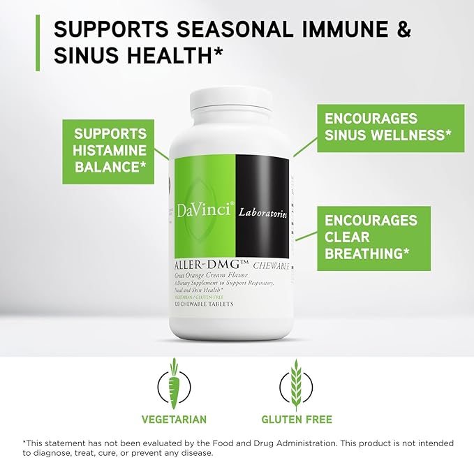 DAVINCI Labs Aller-DMG Chewable - Immune Health Support Histamine Aid &amp Respiratory Support* - Orange Cream Flavor - 120 Chewable Vegetarian Tablets (60 Servings)