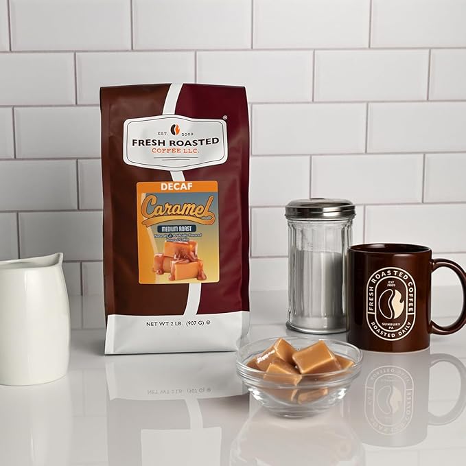 Fresh Roasted Coffee Decaf Caramel Flavored Coffee 2 lb (32 oz) Medium Roast Kosher Whole Bean
