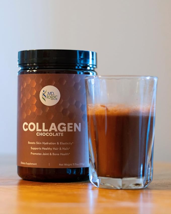 MD Logic Health® Chocolate Collagen with Vitamin A C Zinc Biotin &amp Hyaluronic Acid for Healthy Skin Hair Nails Joints 10g of Collagen + 10g of Protein Zero Sugar