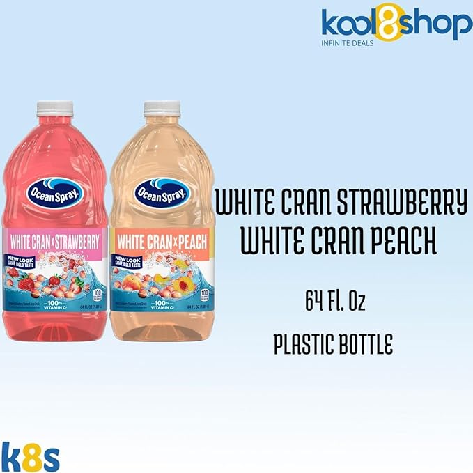 Ocean Spray White Cran Strawberry and White Cran Peach Juice Drink 64 fl oz Plastic Bottles 4 Pack + 15 Sugarcane Disposable Straws by KOOL8SHOP Infinite Deals