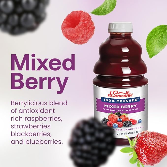 Dr. Smoothie 100% Crushed Mixed Berry – No Added Sugar Made with Real Fruits/Fruit Juice – Vegan No Artificial Colors or Flavors – Raspberry Strawberry Blackberry &amp Blueberry – 46 oz Bottle