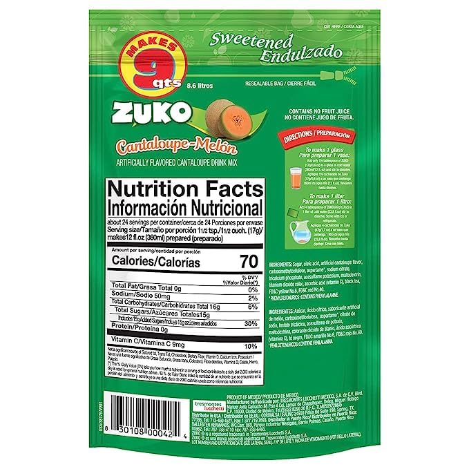 Zuko Cantaloupe Powdered Drink Mix Family Pack No Added Sugar Needed 14.1 oz (Pack of 6)
