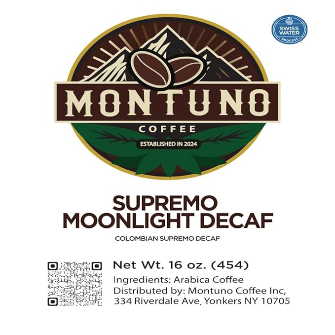 Montuno Supremo Moonlight Colombian Decaf Coffee 100% Arabica Beans Medium Roast 1 Lb (Whole Bean)