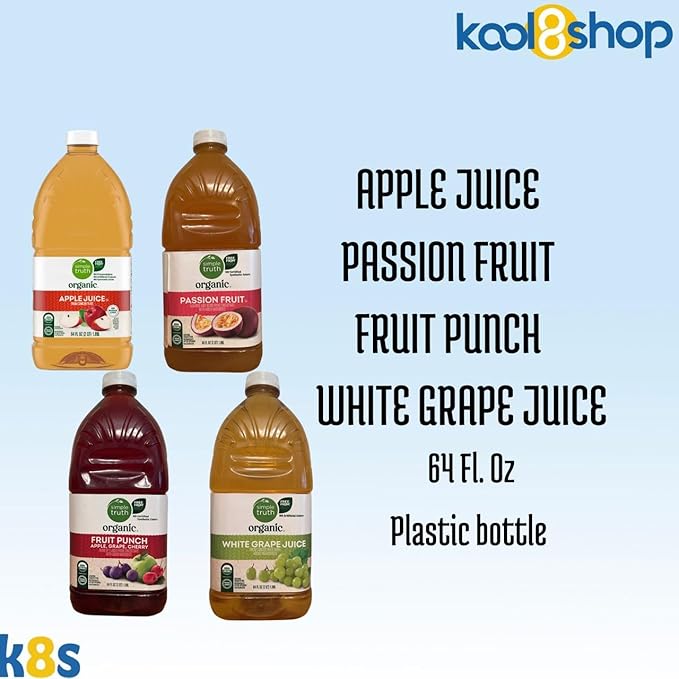 Simple Truth Organic Variety Pack Fruit Juice 64 fl oz Plastic Bottles 4 Pack + 15 Sugarcane Disposable Straws by KOOL8SHOP Infinite Deals