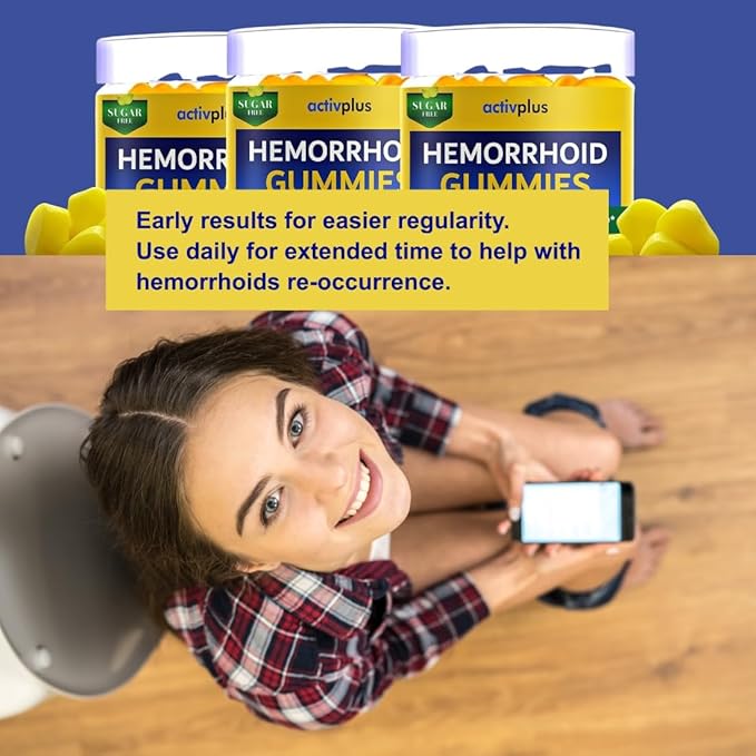 Hemorrhoid Treatment to Reduce Re-occurrences &amp Easier Regularity with Stool Softener | 7 Clinically Studied hemorrhoid Ingredients | Plant-Based Sugar Free Lemon 60 Vegan Gummies