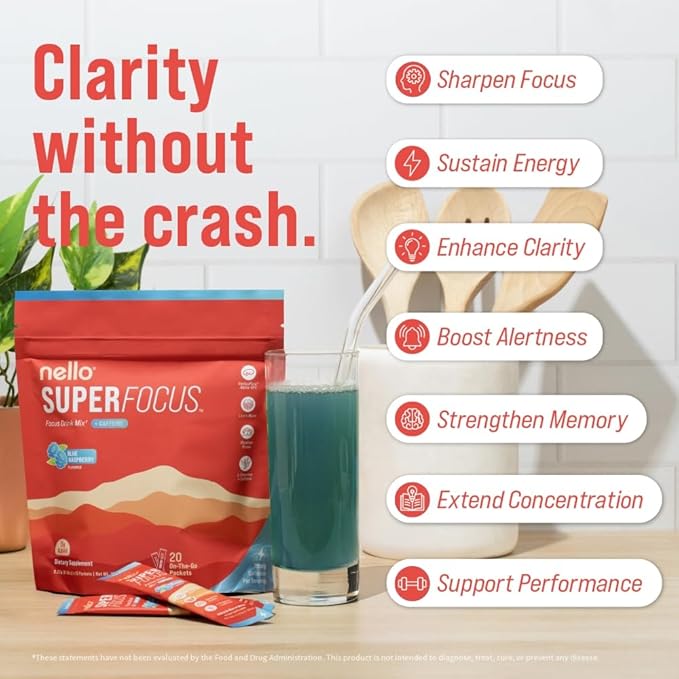 Nello Superfocus – Nootropic Focus Drink Mix for Productivity Caffeine L-Theanine Rhodiola Rosea Alpha-GPC Lion’s Mane Tyrosine Sugar-Free Packets - Blue Raspberry with Caffeine (Pack of 20)