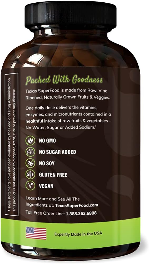 Texas SuperFood - Original Superfood Capsules Superfood Reds and Greens All-Natural Whole Food Dietary Supplement Non-GMO Gluten Free Vegan No Soy 180 Capsules