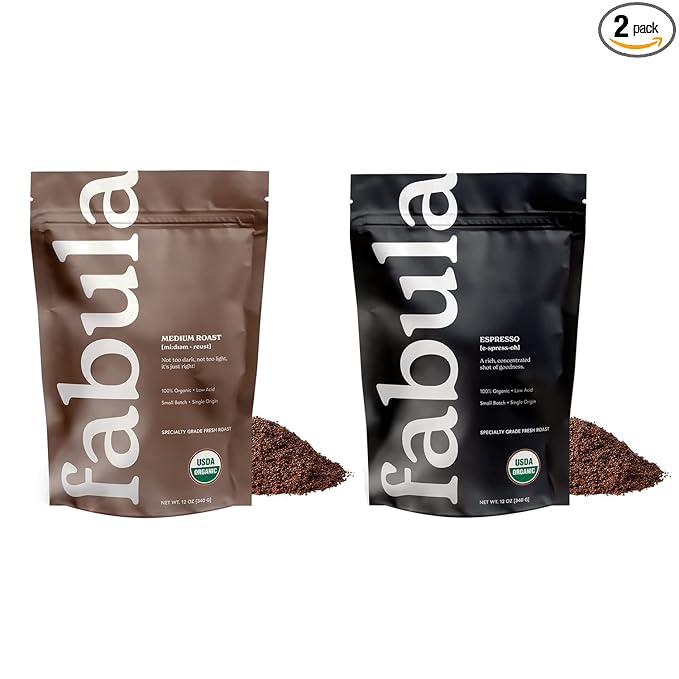Fabula Organic Coffee Freshly Grounded - Medium Roast and Espresso - 2 Bag Bundle