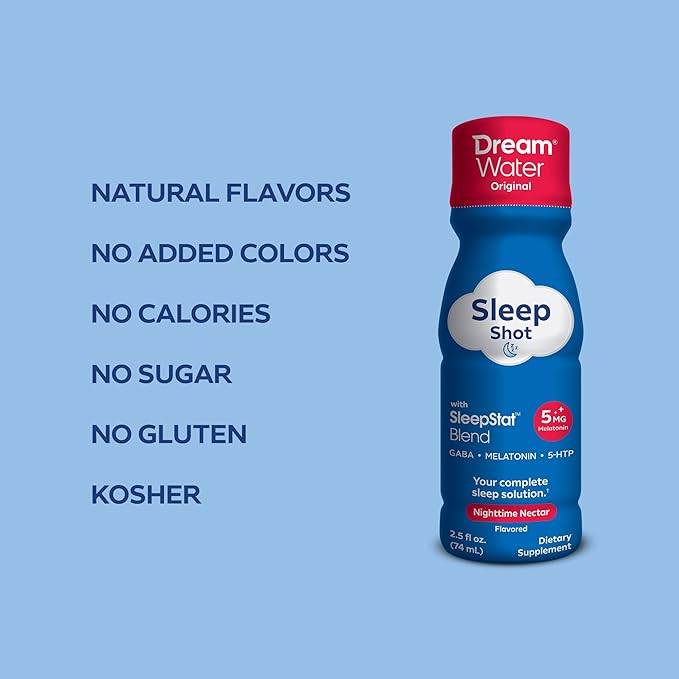 Dream Water Sleep Aid Supplement Drink Melatonin 5mg GABA 5-HTP Zero sugar Natural flavors No added colors 2.5 oz liquid sleep shots Nighttime Nectar 24-Count