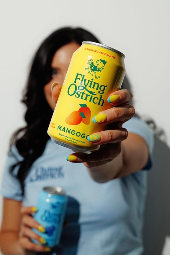Flying Ostrich Mangogo Sparkling Electrolyte Hydration Drink - Mango Flavored with Ocean Minerals Magnesium &amp Vitamin C &amp D Low Sugar No Artificial Sweeteners 12 FL OZ Cans Pack of 12