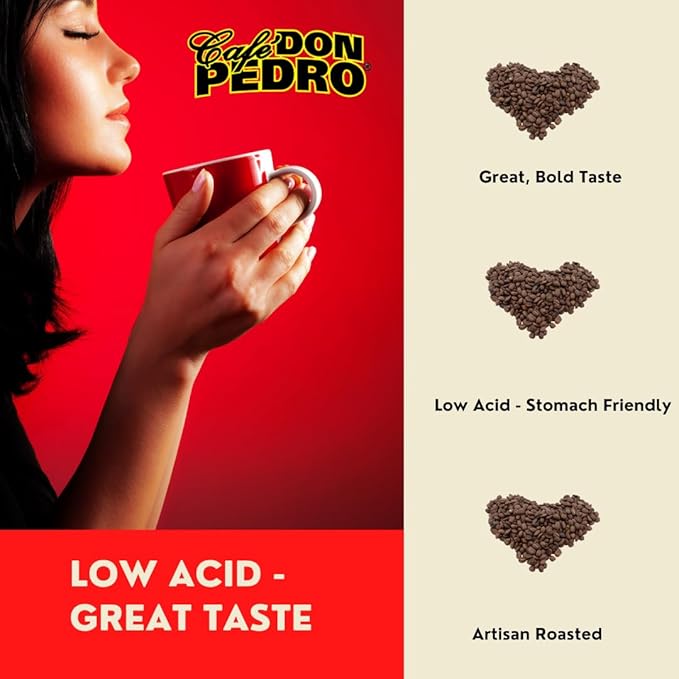Cafe Don Pedro French Roast Naturally Low Acid Coffee Dark Roast Stone Ground Coffee Stomach Friendly Prevents Acid Reflux. 12 Ounce Regular Can 4 Cans
