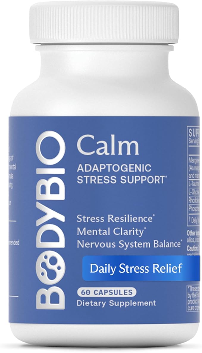 BodyBio Calm - Natural Stress Relief Blend with Rhodiola Glycine &amp Phosphatidylserine - Supports Relaxation Mental Focus &amp Balanced Cortisol - Non - Drowsy Formula