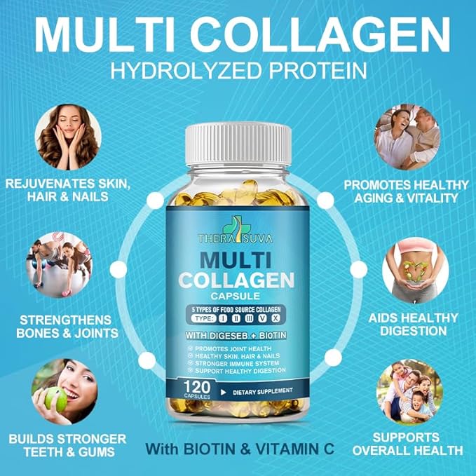 Multi-Collagen Complex + Biotin + Vitamin C – Types I II III V &amp X – Natural Supplement for Hair Skin Nails &amp Joint Support 2 Month Supply 120 Softgels