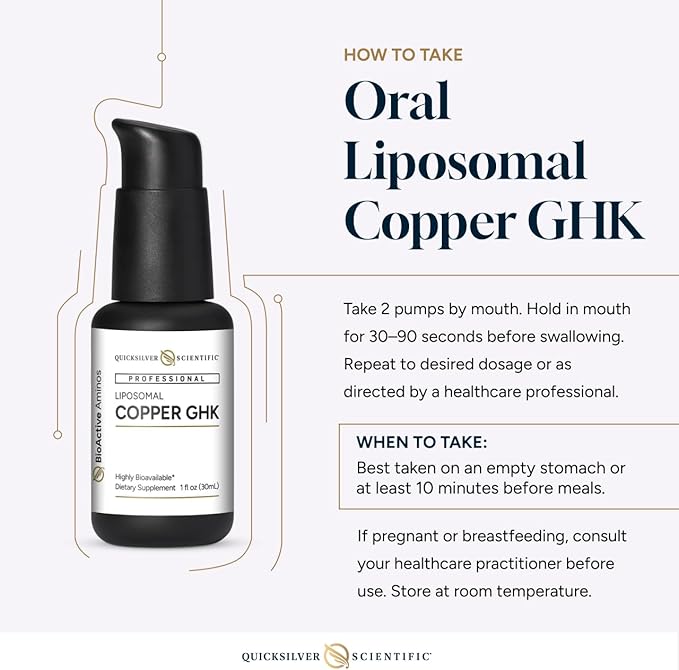 Quicksilver Scientific Oral Liposomal Copper GHK - Oral Liposomal Supplement for Collagen Support - Vegan Gluten-Free Sugar-Free &amp Non-GMO - 1 fl oz (30 Servings)