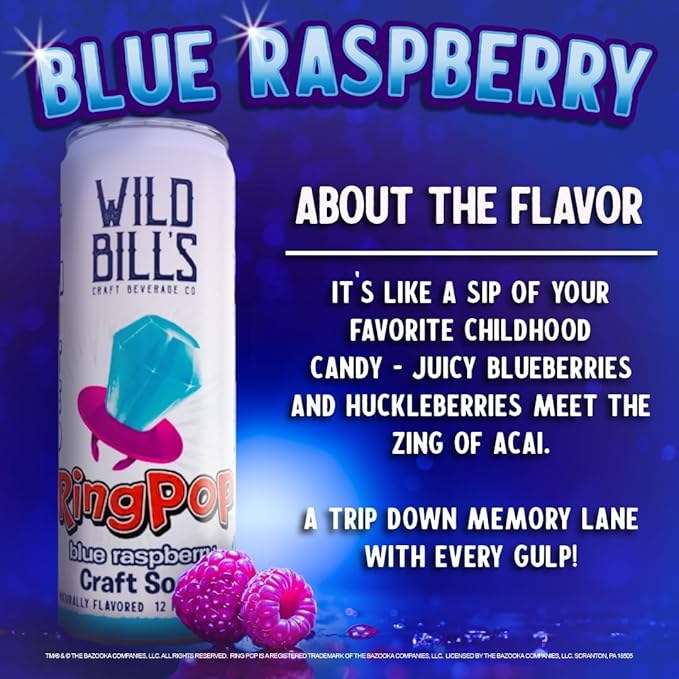 Wild Bill’s Craft Soda Variety Pack – Ring Pop Soft Drinks – Watermelon Strawberry Berry Blast &amp Blue Raspberry – Pure Cane Sugar No HFCS Caffeine Free Vegan Gluten Free - 12 Oz Cans 12 Pack