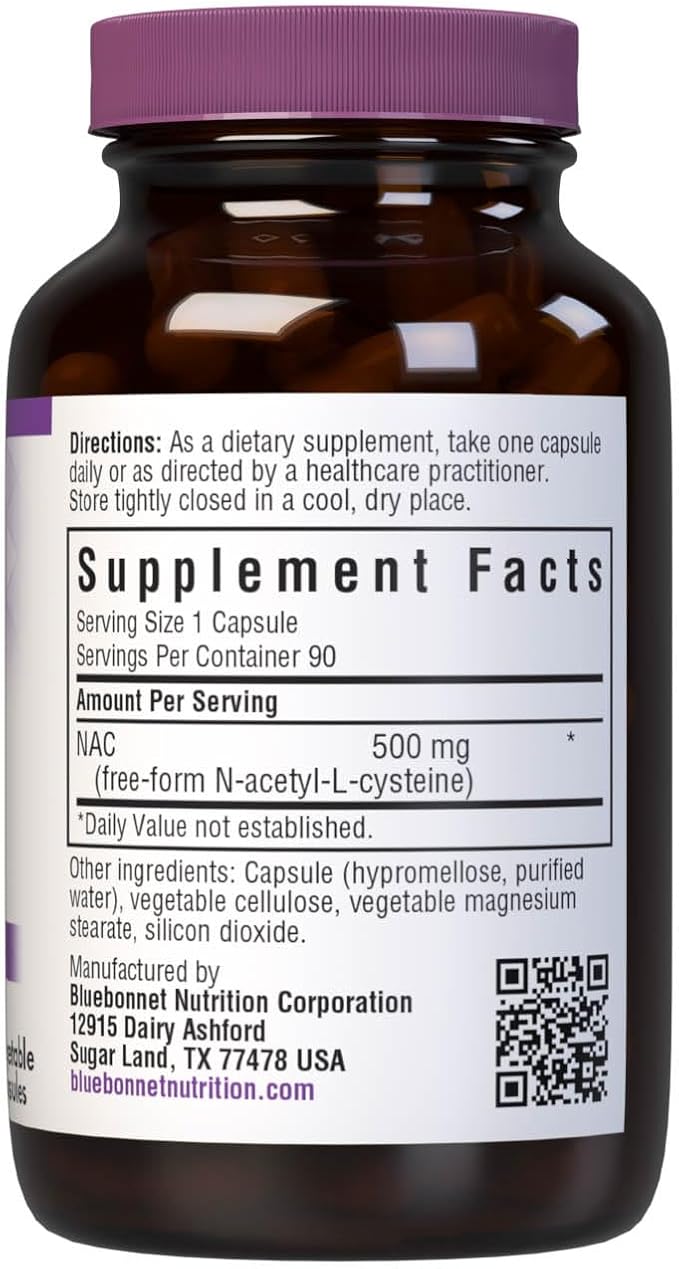 Bluebonnet NAC Supplement N-Acetyl-L-Cysteine 500 mg - Antioxidant Cellular Health &amp Immune Support - Free-Form Amino Acid for Women &amp Men - Non-GMO Kosher Gluten-Free - 90 Vegetable Capsule