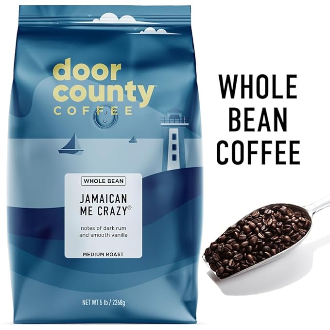 Door County Coffee Jamaican Me Crazy® Flavored Coffee Whole Bean - 5lb Bag - Medium Roast - 100% Specialty Arabica - Gourmet - Rum &amp Vanilla Flavored