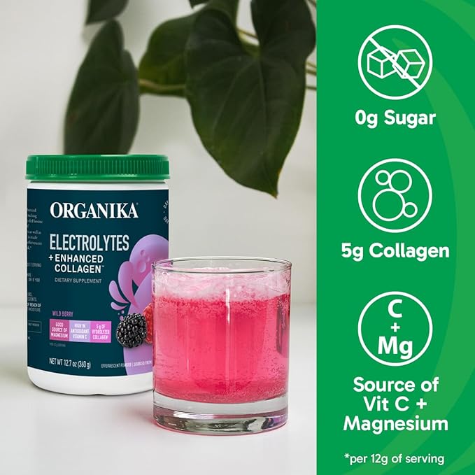 Organikа Electrolytes with Enhanced Collagen Powder for Women &amp Men - 13 oz - Wild Berry-Flavored Effervescent Electrolyte &amp Collagen Drink Mix - Deep Hydration Mobility Skin Hair &amp Na