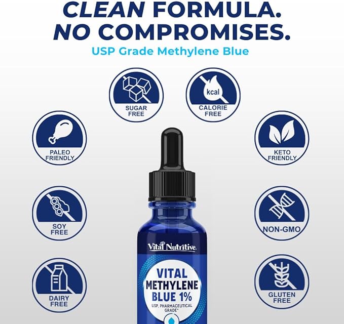 Vital Methylene Blue Drops 1% – Pharmaceutical Grade Methylene Blue for Humans Supports Cellular Energy &amp Cognitive Balance Vegan Non-GMO – 1 fl oz (30 mL)
