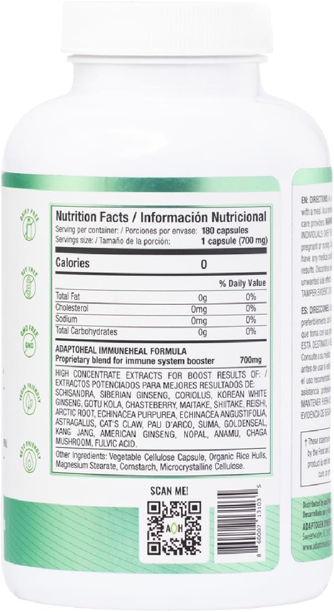 ADAPTOHEAL Immuneheal – Adaptogen Immune System Booster Supplement with Schisandra Chinensis Ginseng and Mushroom Extract (180 Capsules)
