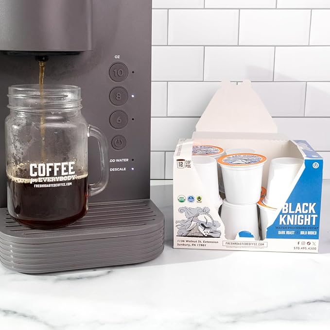 Fresh Roasted Coffee Organic Black Knight Water-Processed Decaf | USDA Organic Kosher | Dark Roast | 72 Pods for K Cup Brewers