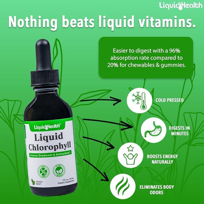 LIQUIDHEALTH Vegan Liquid Collagen Plus Biotin &amp Liquid Chlorophyll Dropper Bundle - Hair &amp Nail Growth Skin Health Internal Deodorizer Stops Bad Breath Reduces Appetite - USA Made Vegan
