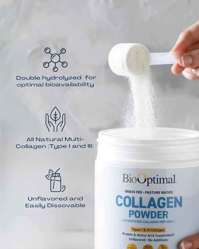 BioOptimal Collagen Peptides Powder - Grass-Fed Pasture-Raised Hydrolyzed Protein Supplement for Skin Hair &amp Nails - Non-GMO Zero Sugar Daily Supplement for Men &amp Women (45 Servings)