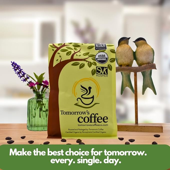 Tomorrow's Coffee Organic Fair Trade Shade Grown Whole Bean bird friendly coffee | Dark French Roast with chocolate flavor | Sustains Amazon Rainforest | 1 lb. omnidegradable bags (Ground)