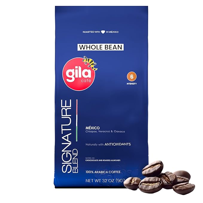 gila café Whole Beans Coffee Medium Roast Signature Blend 32oz (1-Pack) - 100% Mexican Arabica Roasted Coffee Beans - Made with Coffeeberry - Chocolate Roasted Almond Notes