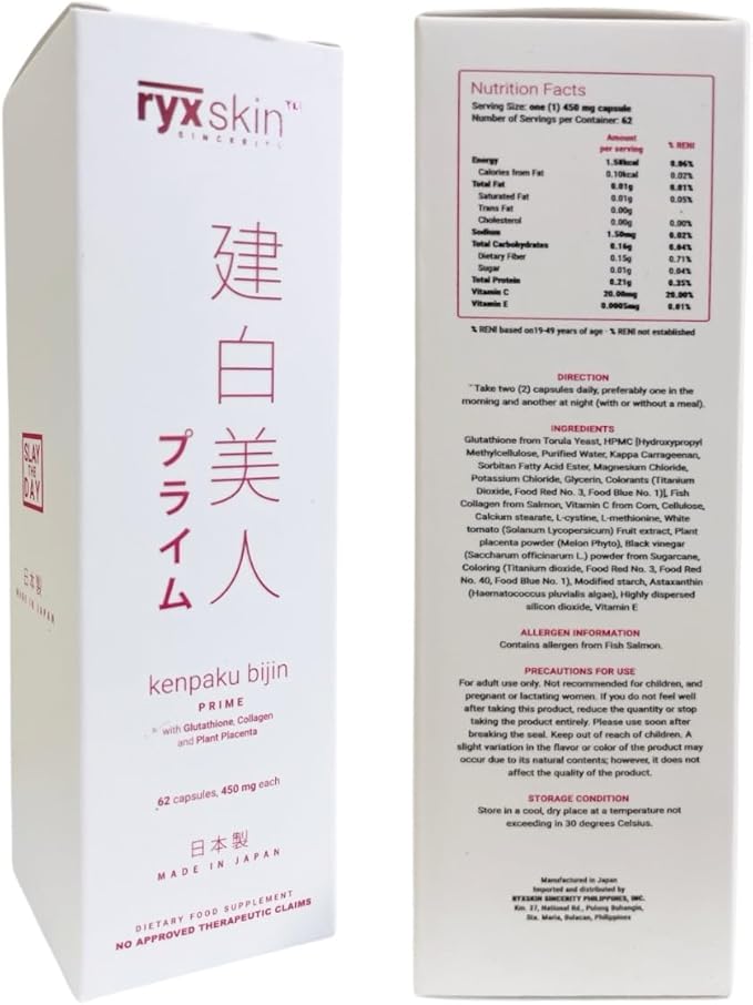 Ryx Skin Kenpaku Bijin Prime with Glutathione Collagen &amp Plant Placenta 62 Capsules
