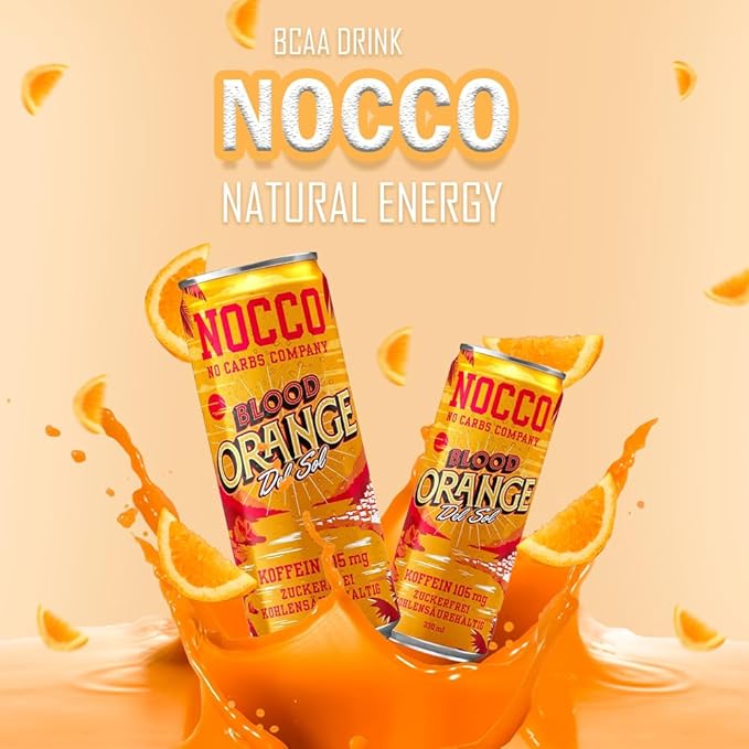 12 cans | NOCCO BCAA DRINK | Blood Orange Del Sol 330 ml | BCAA | 105 mg Caffeine | Energy Drink | Buxtrade