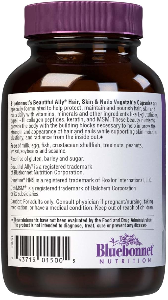 Bluebonnet Nutrition Beautiful Ally Hair Skin &amp Nails Hydrolyzed Collagen from Grass Fed Cows Collagen Peptides Type 1 &amp 3 Non GMO Gluten Free Soy Free Milk Free Kosher 60 Vegetable C