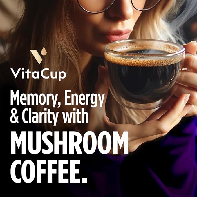 VitaCup Mushroom Instant Coffee | For Memory &amp Clarity Support | with Fiber Chaga Lion’s Mane | D3 &amp B Vitamins | Medium Roast 100% Arabica &amp Robusta Instant Coffee | 30 Servings