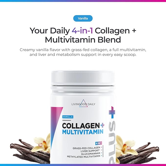 Livingood Daily Collagen Powder for Women and Men Vanilla Grass Fed Protein Hydrolyzed Collagen Peptides with Vitamin C &amp Multi Vitamins for Hair Skin Nail &amp Gut Health Gluten Free 30 S
