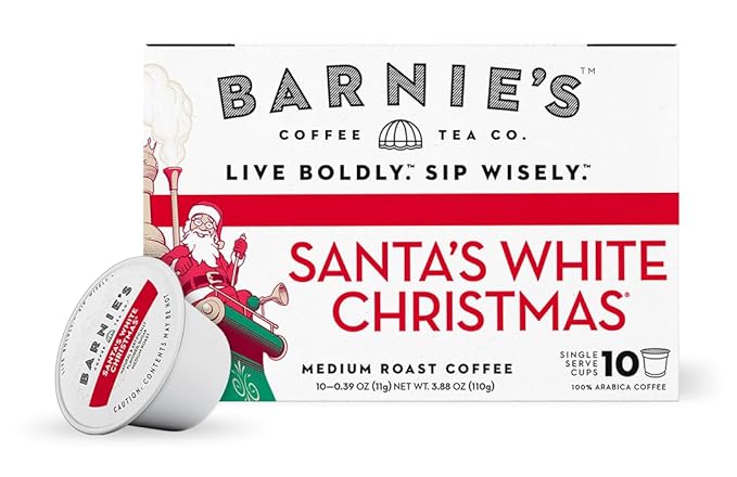 Barnie's Coffee Santa's White Christmas Single Serve Coffee Pods with Coconut Vanilla and Caramel Flavors Medium Roast Arabica Coffee Beans Compatible with Keurig Brewers 60 Count