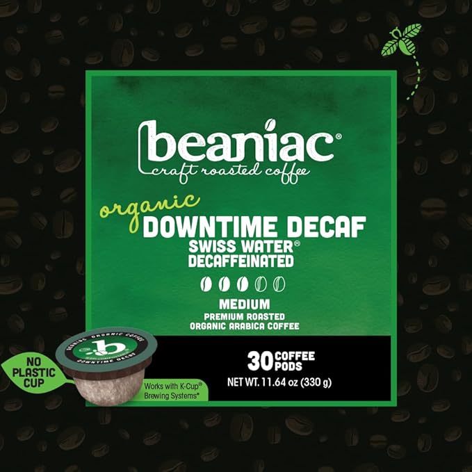beaniac Organic Downtime Decaf Swiss Water Decaffeinated Medium Roast Single Serve Compostable K Cup Coffee Pods Organic Arabica Coffee Keurig Brewer Compatible 30 Count