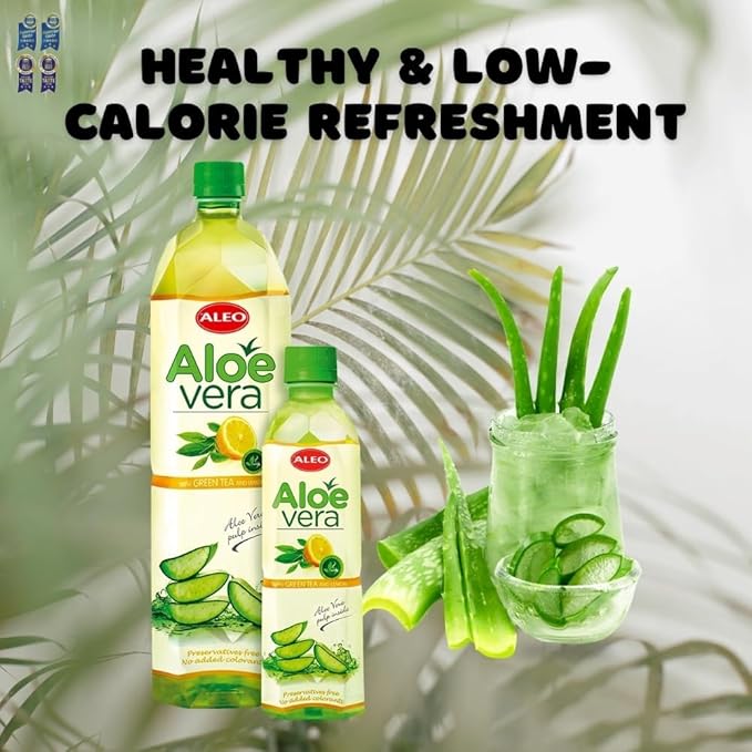 ALEO 0.5L Premium Green tea and Lemon Aloe Vera Drink - Natural No Preservatives No Artificial Colors Superior Taste Award 2025